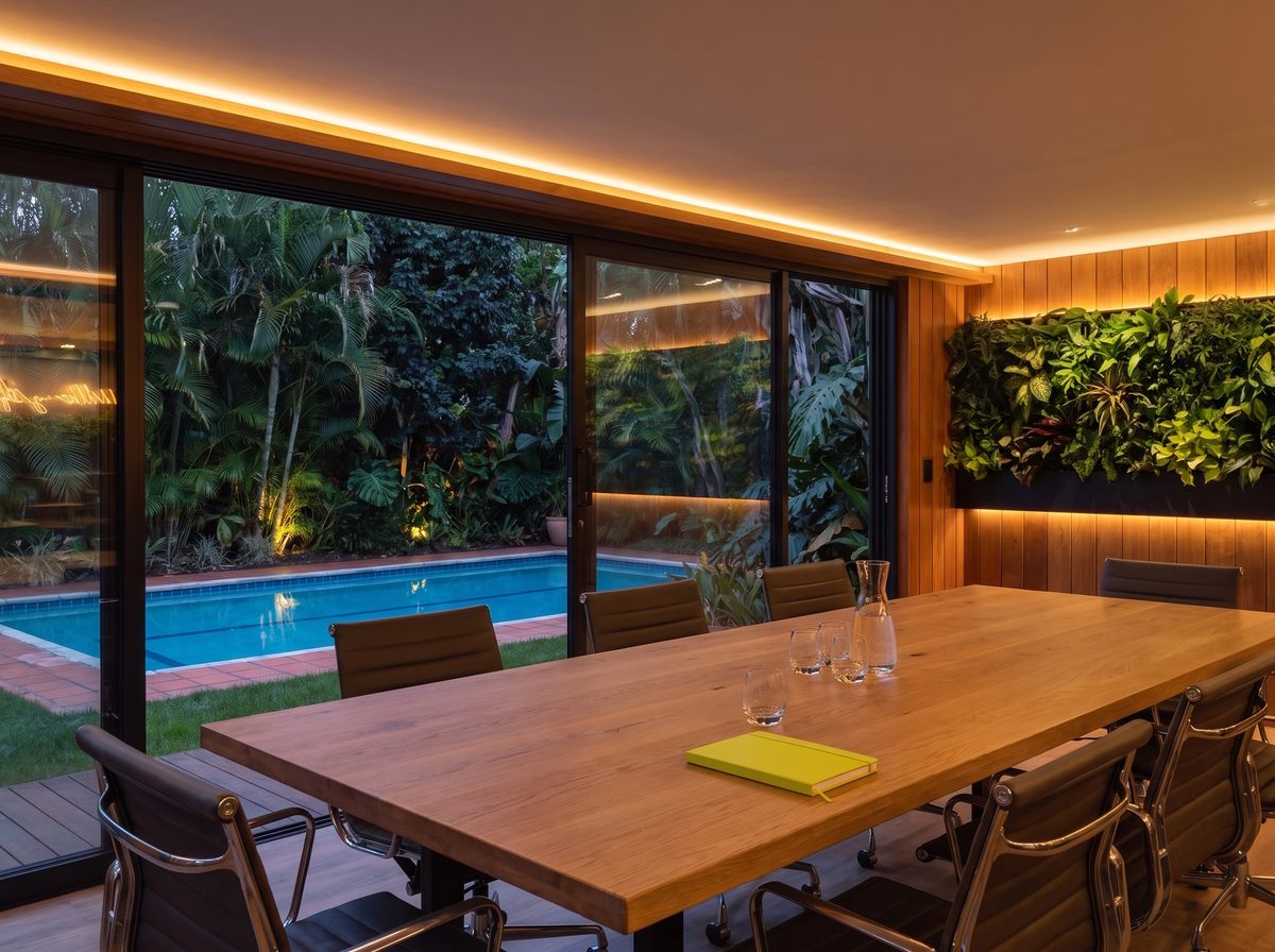 Inside a garden meeting room at dusk (indicative render)