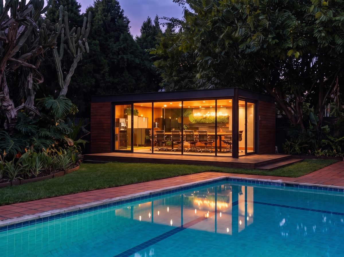 A garden meeting room at dusk (indicative render)