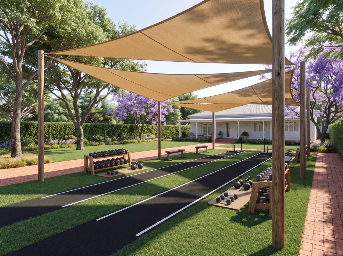 The open-air training bay under shade sails (indicative render)